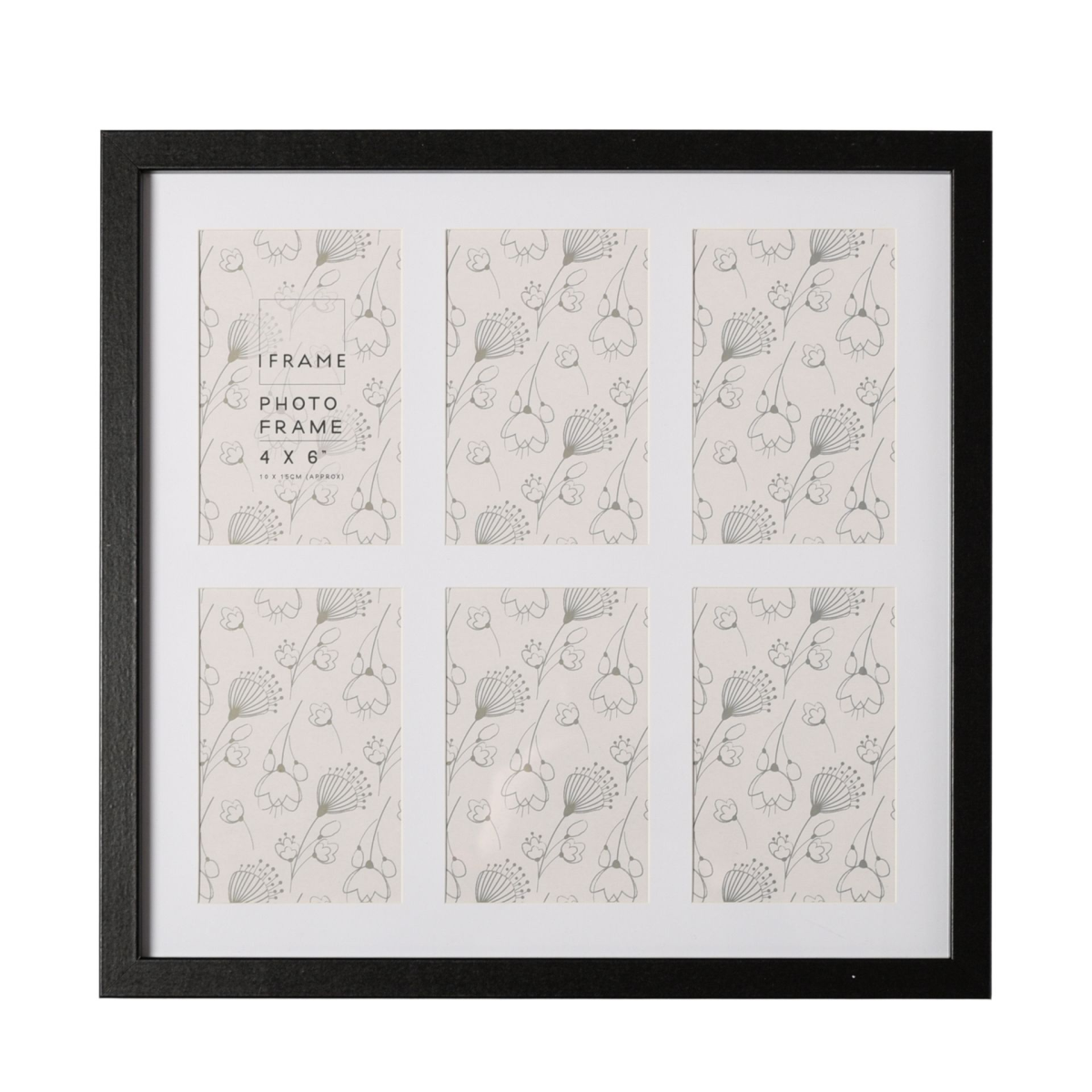 Black multi-aperture photo frame showing six 4x6 openings with butterfly artwork