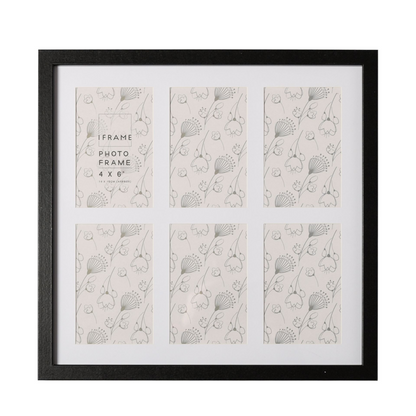 Black multi-aperture photo frame showing six 4x6 openings with butterfly artwork