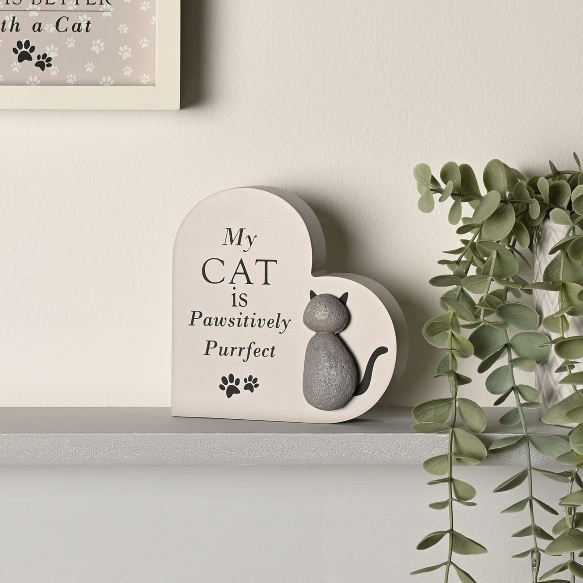 Cat heart plaque with quote 'My CAT is Pawsitively Purrfect' and paw-print detail