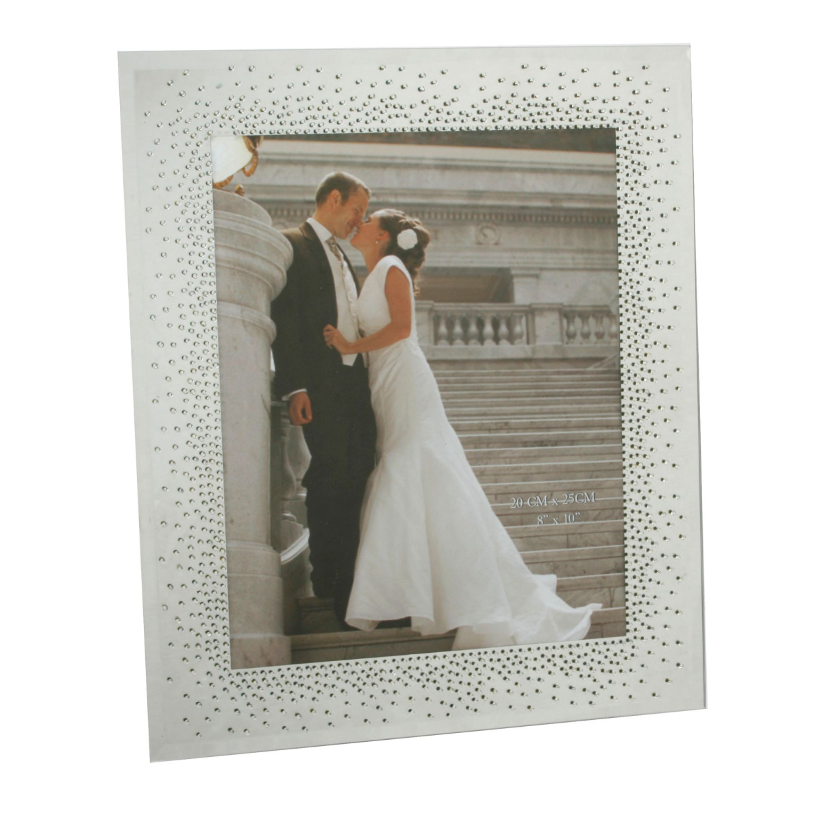 Wedding photo mirror frame with crystal-studded starburst border and couple portrait