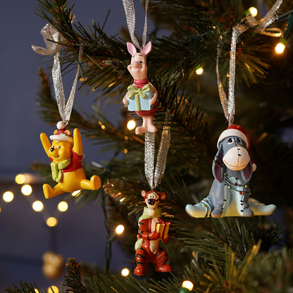 Set of four resin character hanging ornaments with silver glitter ribbon loops