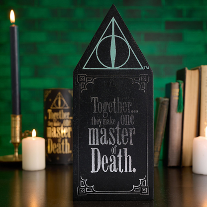 Black wooden plaque with Deathly Hallows triangle emblem and quote 'Together... master of Death'