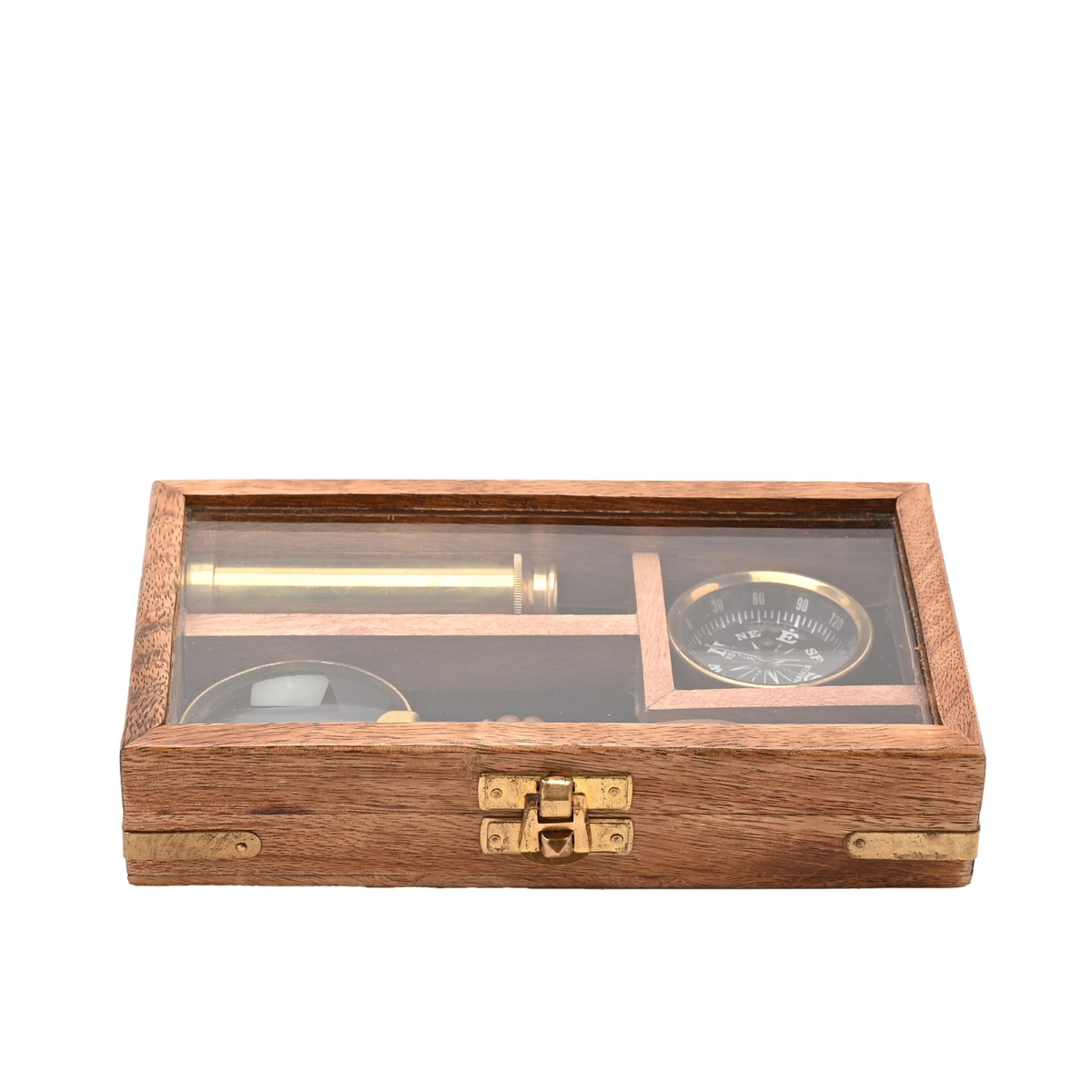 Wooden telescope, compass, and magnifying glass set in closed display box
