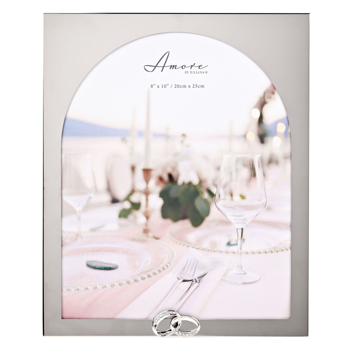 8x10 arch photo frame with silver-tone ring detail at bottom, front with photo insert