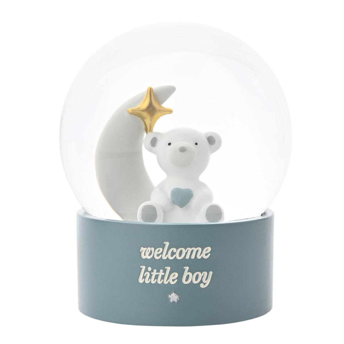 Bambino water globe with cute koala figurine and gold star, 'welcome little boy' text