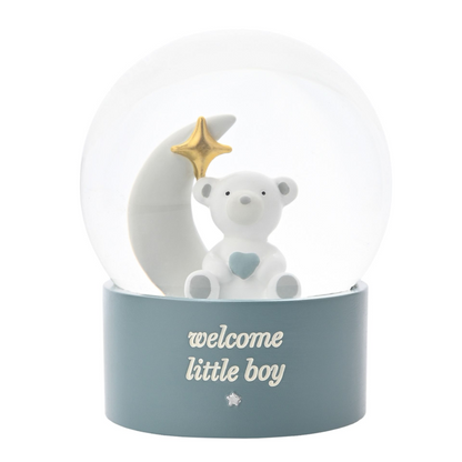 Bambino water globe with cute koala figurine and gold star, 'welcome little boy' text