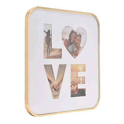 4-photo collage frame with gold border, heart and V letter photo display