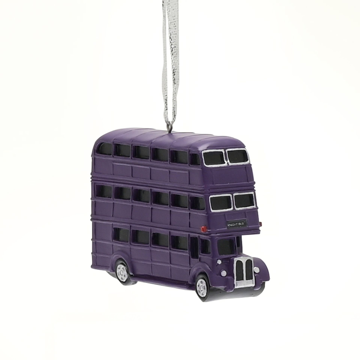 Purple resin bus tree ornament with windows and hanging loop, front 3/4 view