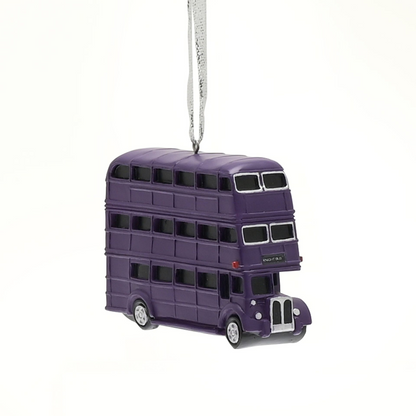 Purple resin bus tree ornament with windows and hanging loop, front 3/4 view