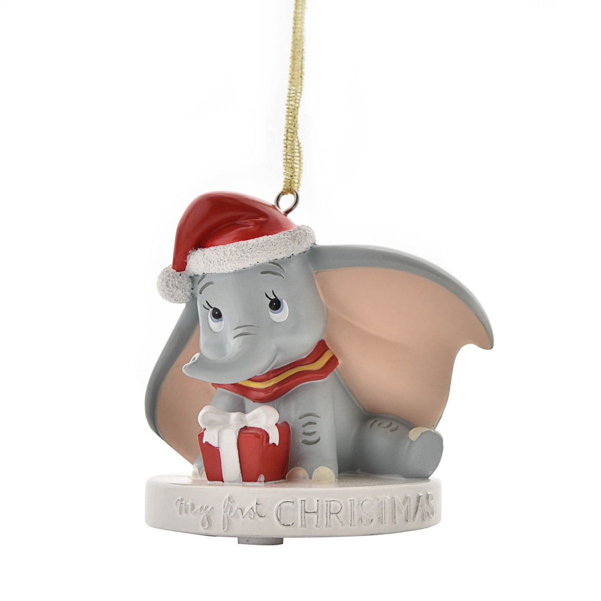 Dumbo hanging ornament with Santa hat, red scarf, and 'Tiny first CHRISTMAS' text