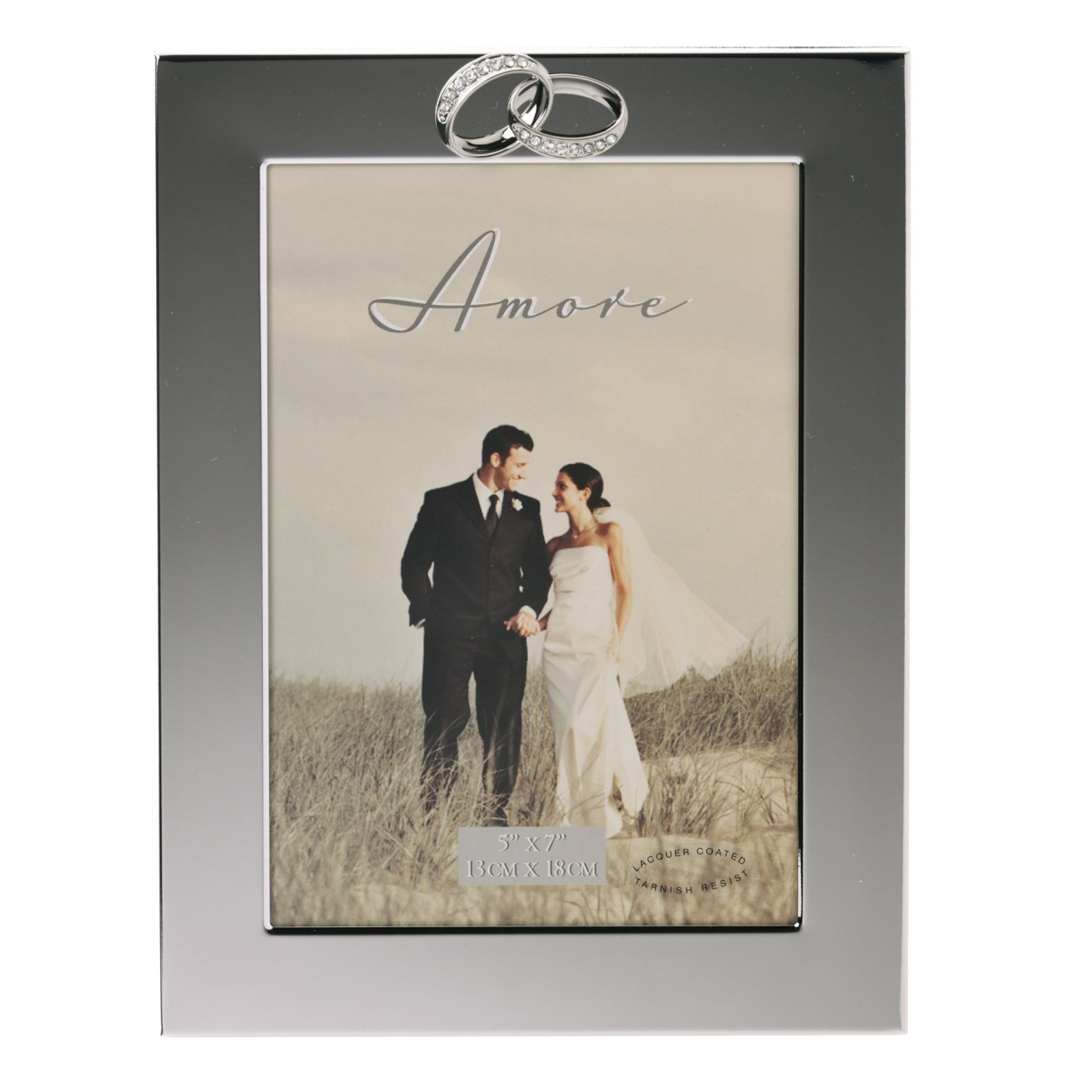 Silver photo frame with crystal ring ornament, 5x7 keepsake