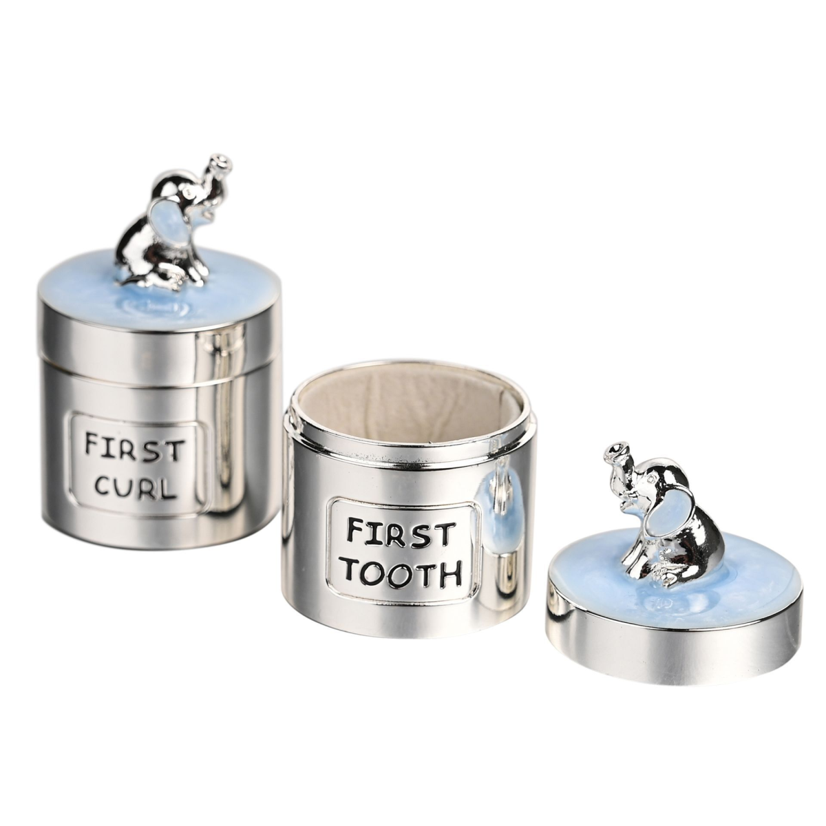 Silverplated baby keepsake set with two cylindrical boxes, blue tops, elephant figures