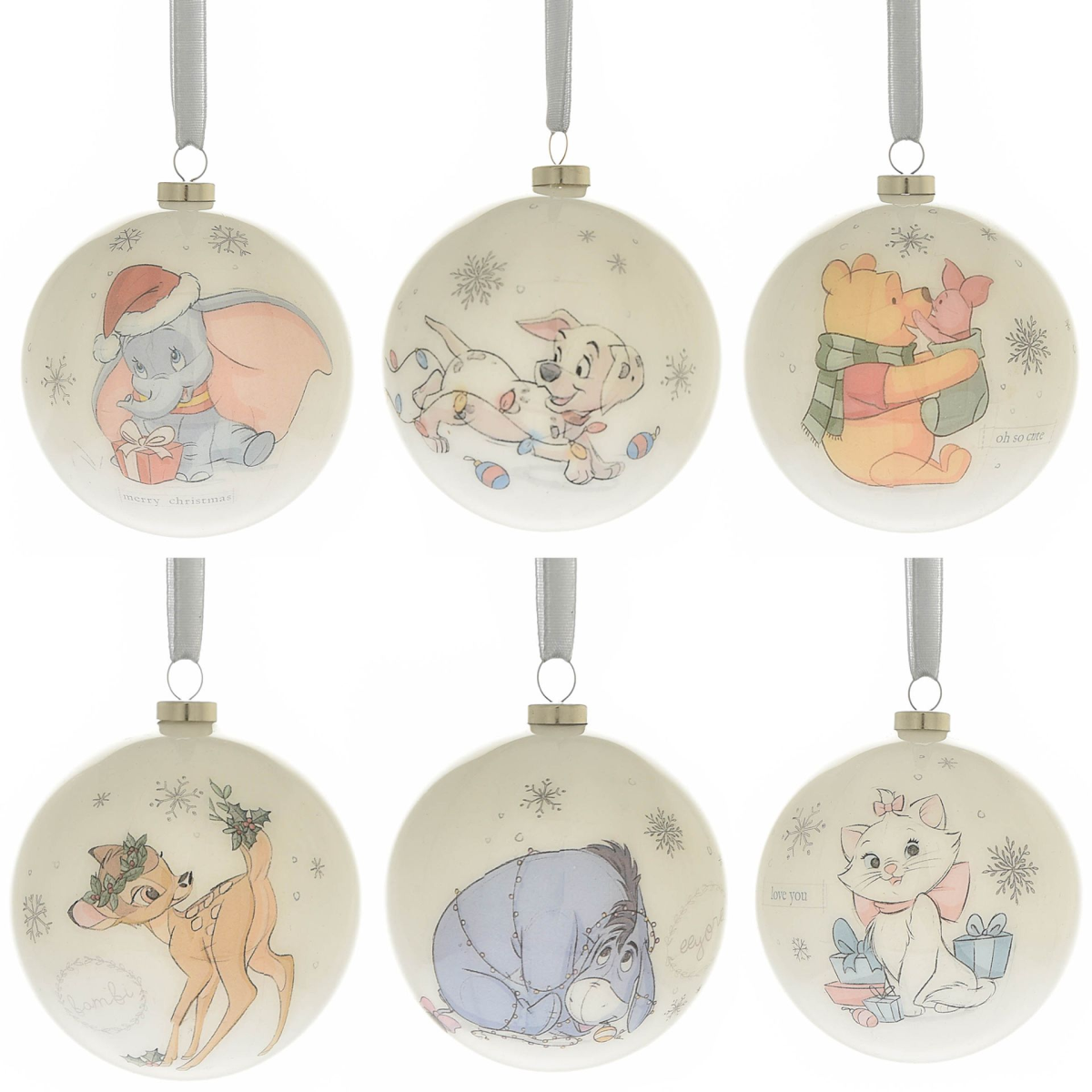 Round Christmas bauble with rabbit-in-hood cartoon, snowflake accents, hanging by ribbon