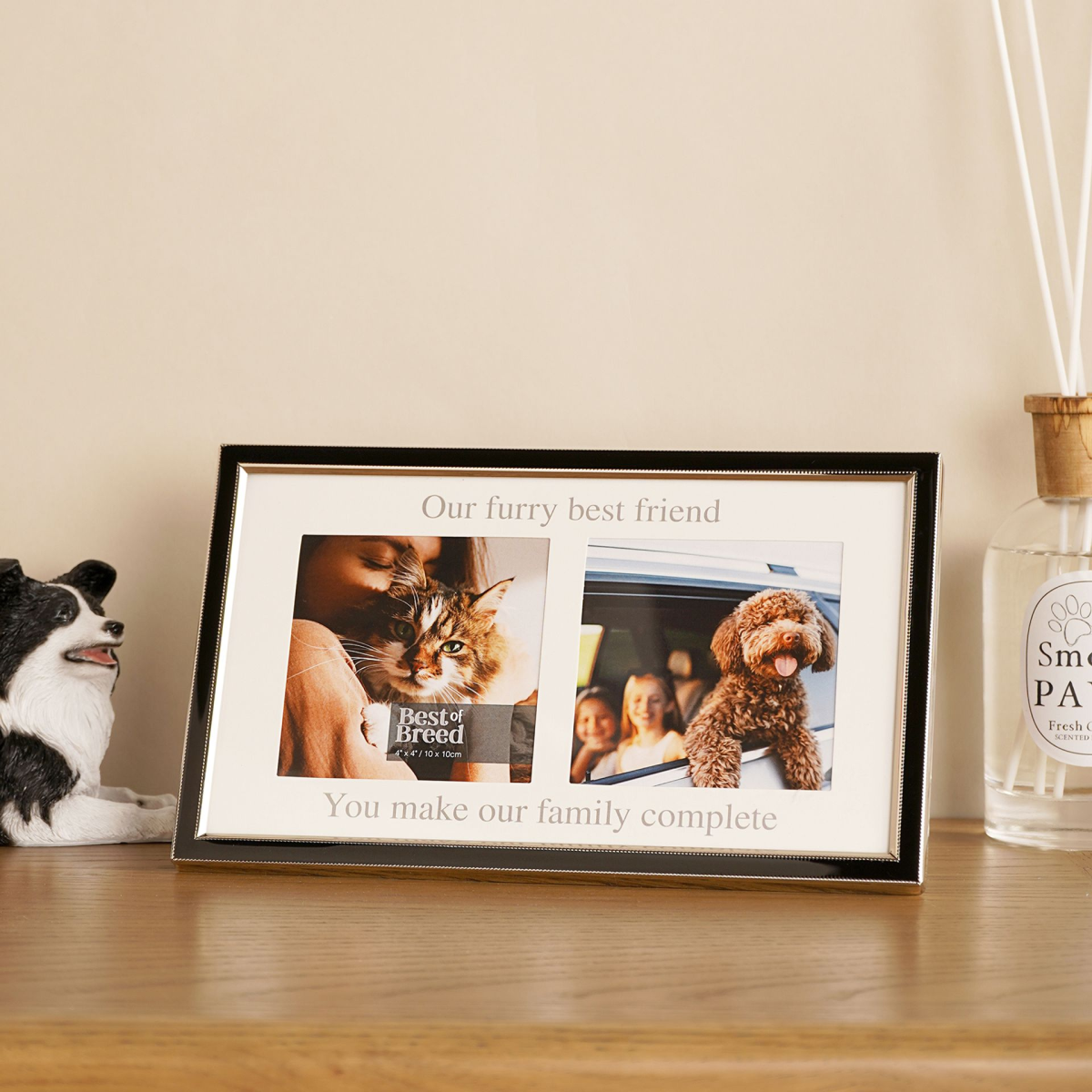 Black two-photo aperture frame with two pet pictures and printed message insert.