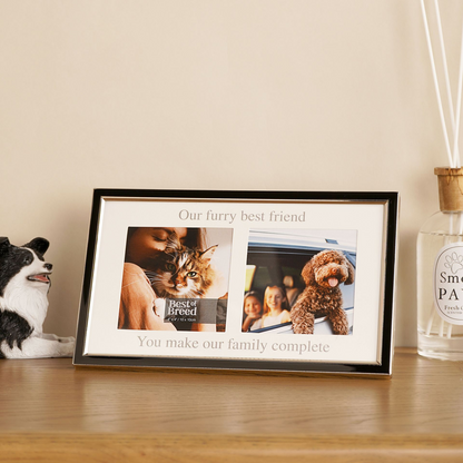 Black two-photo aperture frame with two pet pictures and printed message insert.
