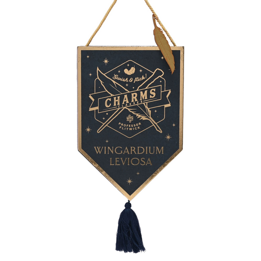 Dark Wingardium banner pendant with gold Charms text and blue tassel
