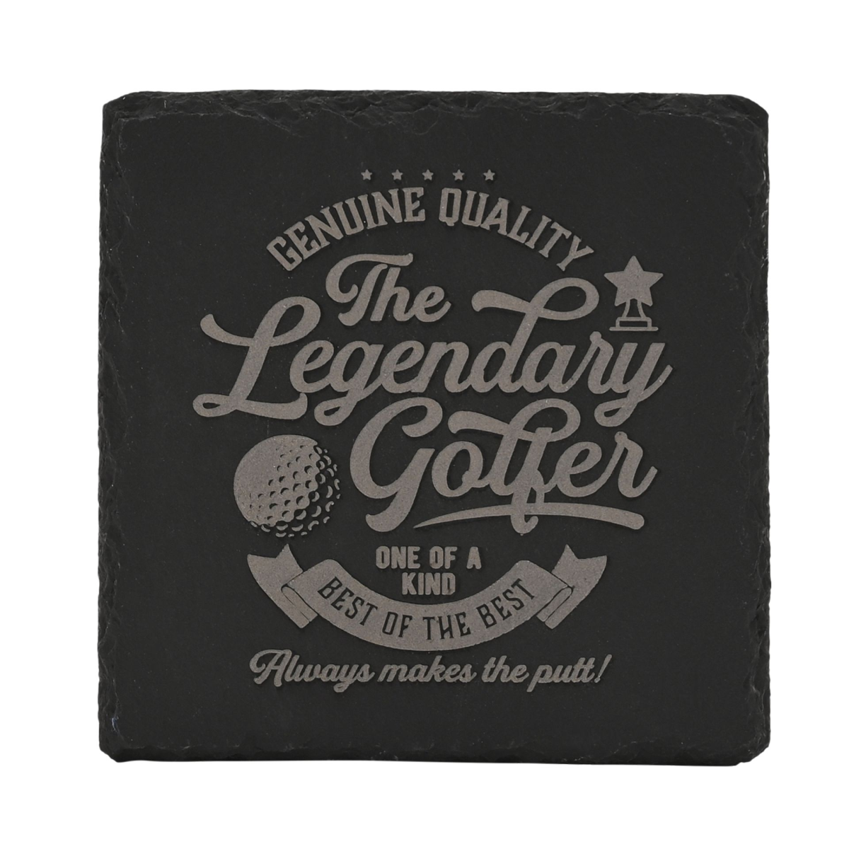 Slate coaster with 'The Legendary Golfer' golf text logo on dark stone