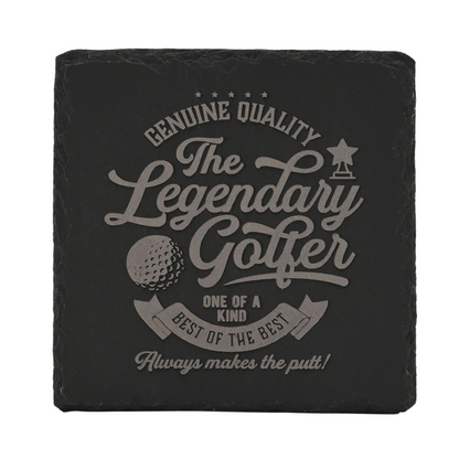 Slate coaster with 'The Legendary Golfer' golf text logo on dark stone