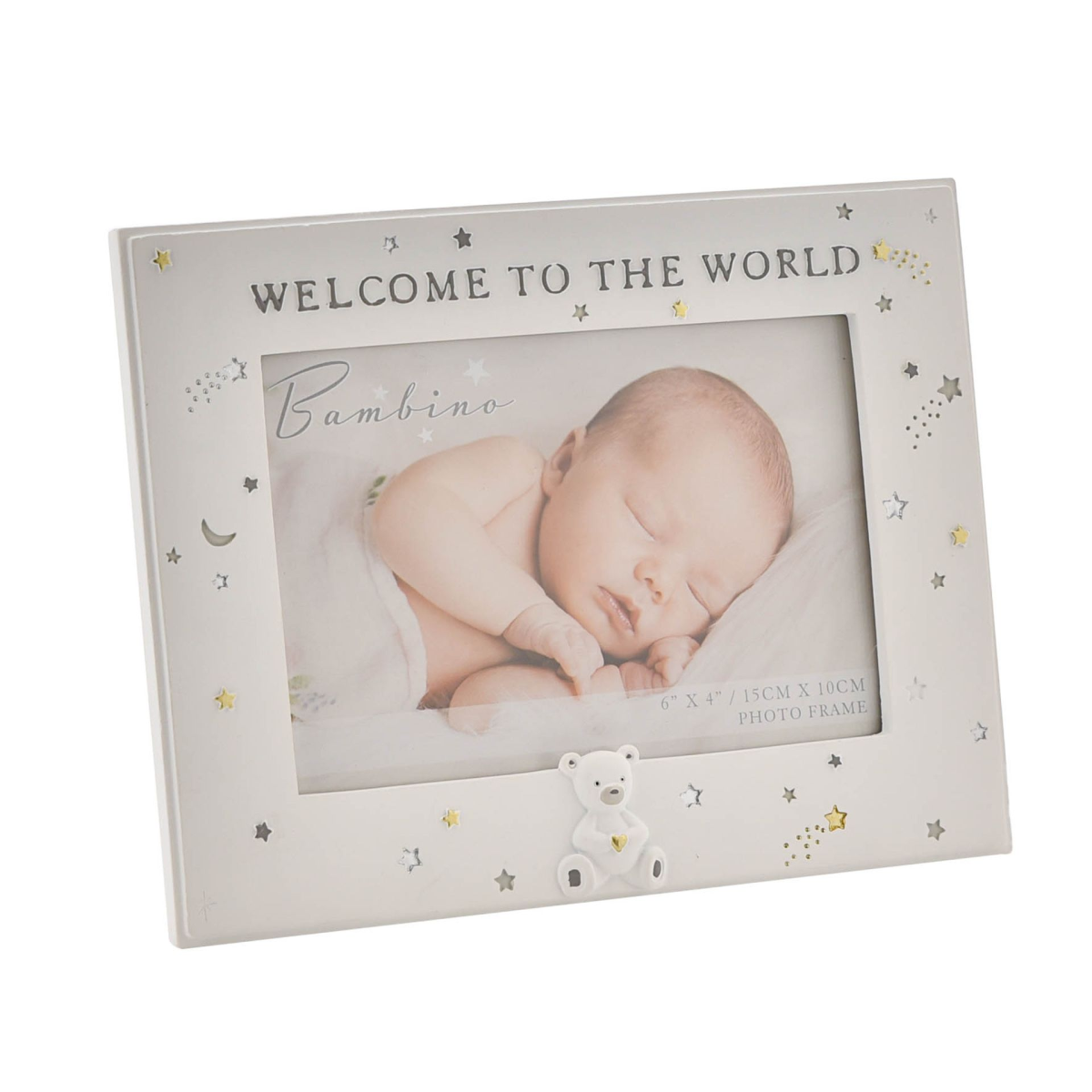 Light gray baby photo frame with “Welcome To The World” text and teddy bear charm