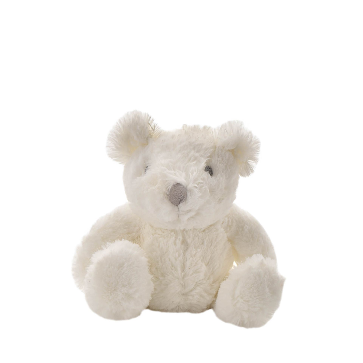 Medium white plush bear with round ears, stitched nose, seated pose.