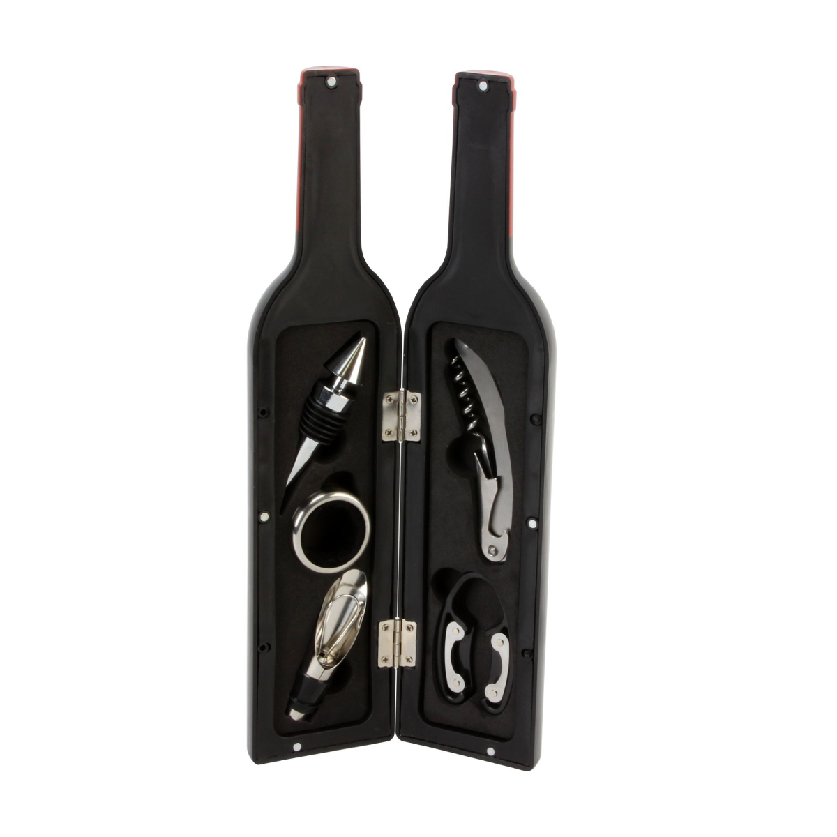 Wine bottle-shaped corkscrew set in two black cases with corkscrew and bottle opener