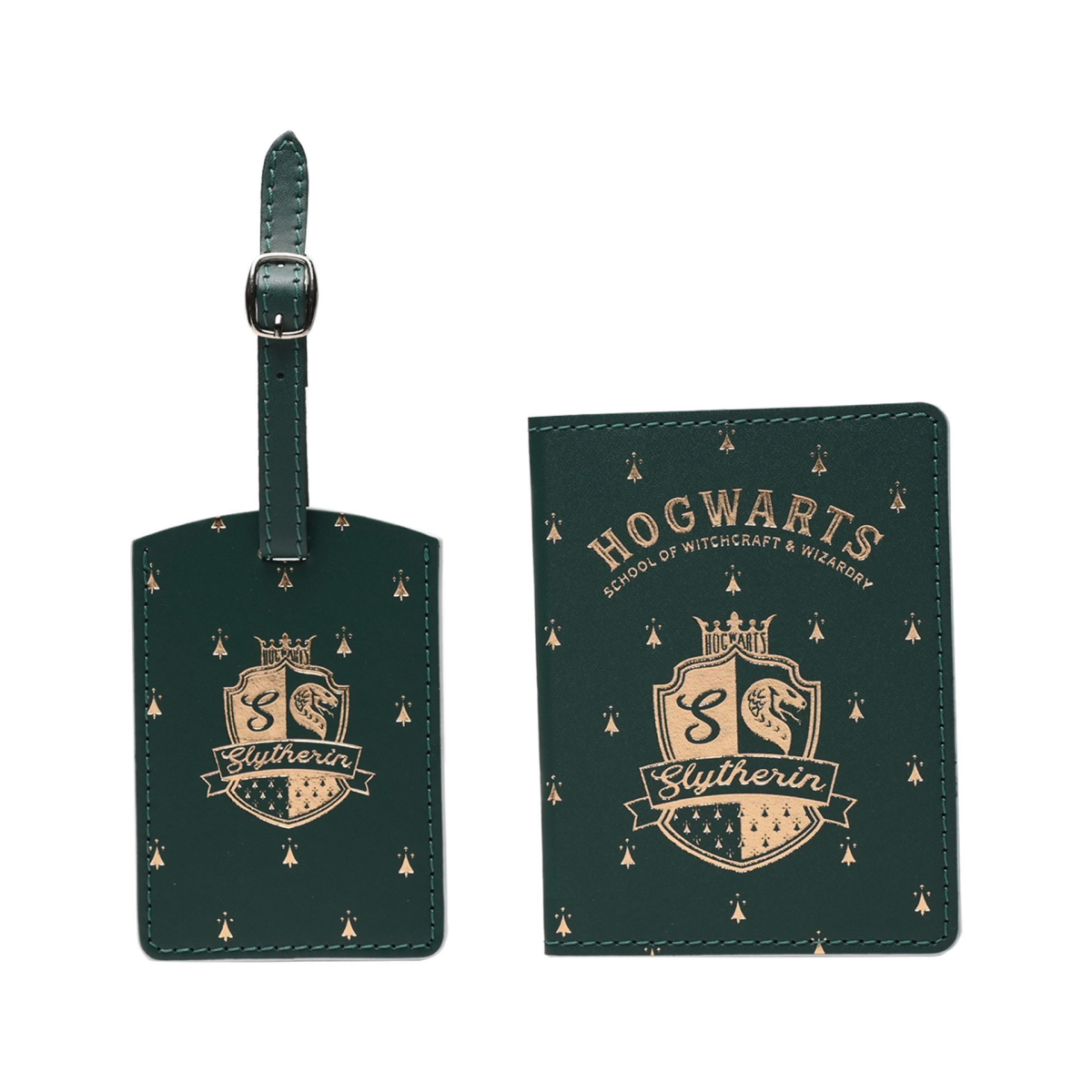 Slytherin passport holder and luggage tag, green with gold Hogwarts crest and pattern