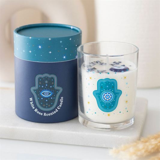 Hand of Hamsa White Rose Candle with Crystals