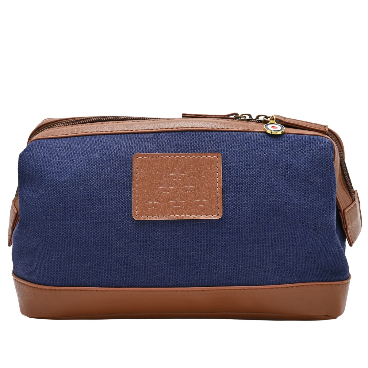 Blue canvas washbag with brown faux leather trim, front logo patch, dual zip pockets