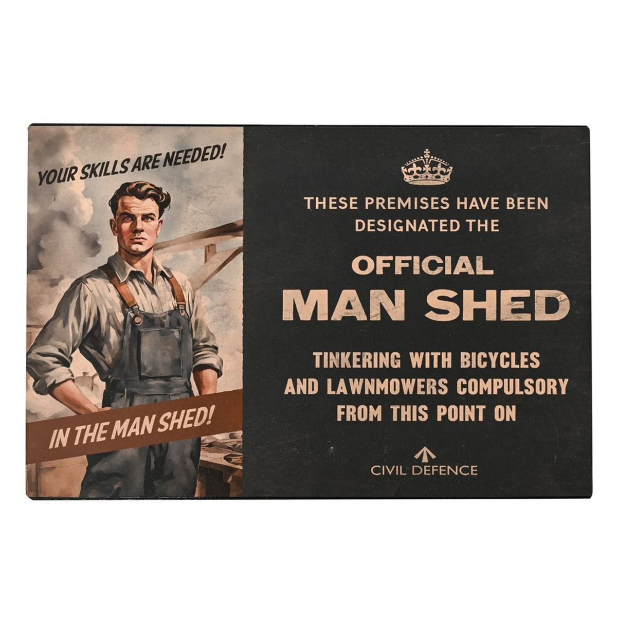 Rectangular man shed wall plaque with soldier-style illustration and bold 'Official Man Shed' text