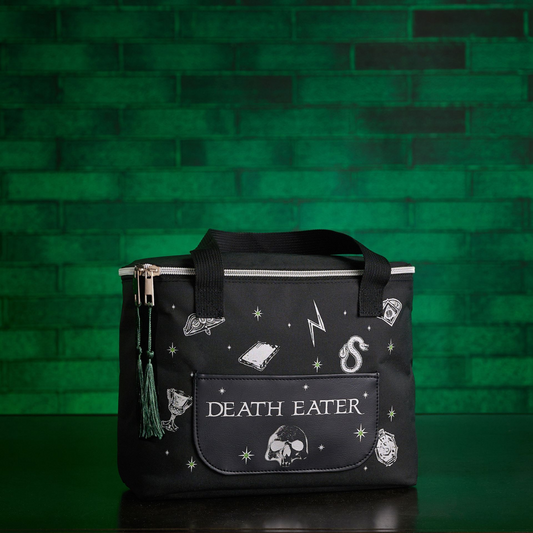 Black lunch bag with Death Eater graphic, front pocket, and top zipper closure