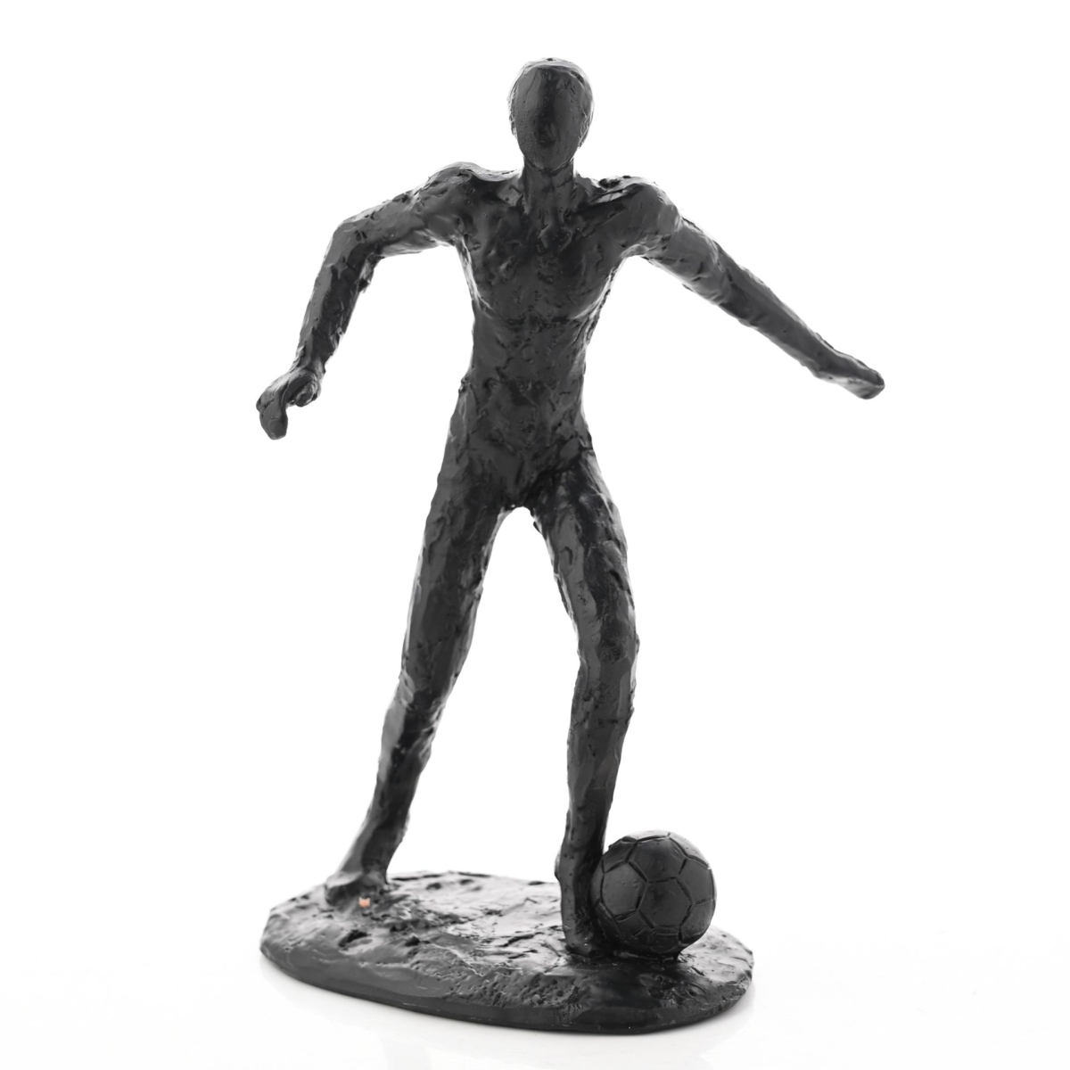 Dark footballer figurine standing pose with soccer ball at the base