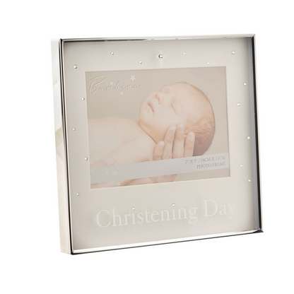 Silver plated christening photo frame with 'Christening Day' card and baby photo, 7x5 in.