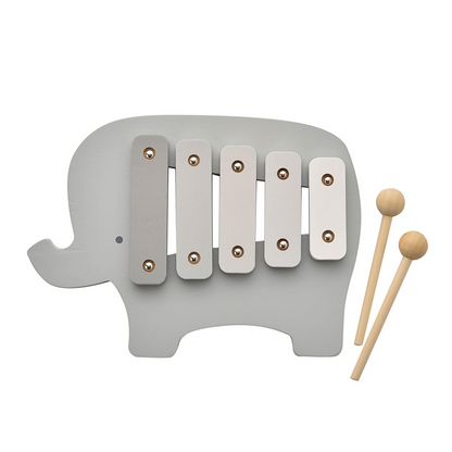 Elephant wooden xylophone toy with five gray bars and two light-wood mallets