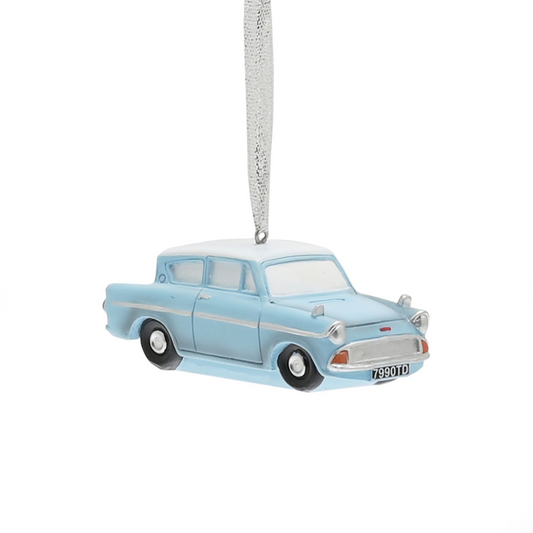 Resin tree decoration of a light-blue vintage car, hanging with a looped string
