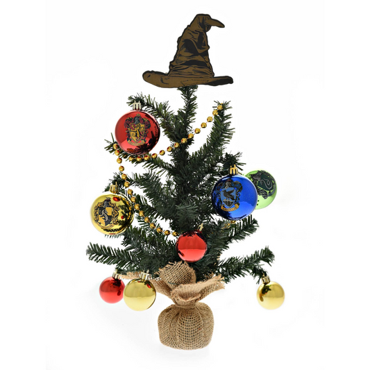 Decorated mini Christmas tree with witch hat topper and multicolor crest ornaments, 35cm