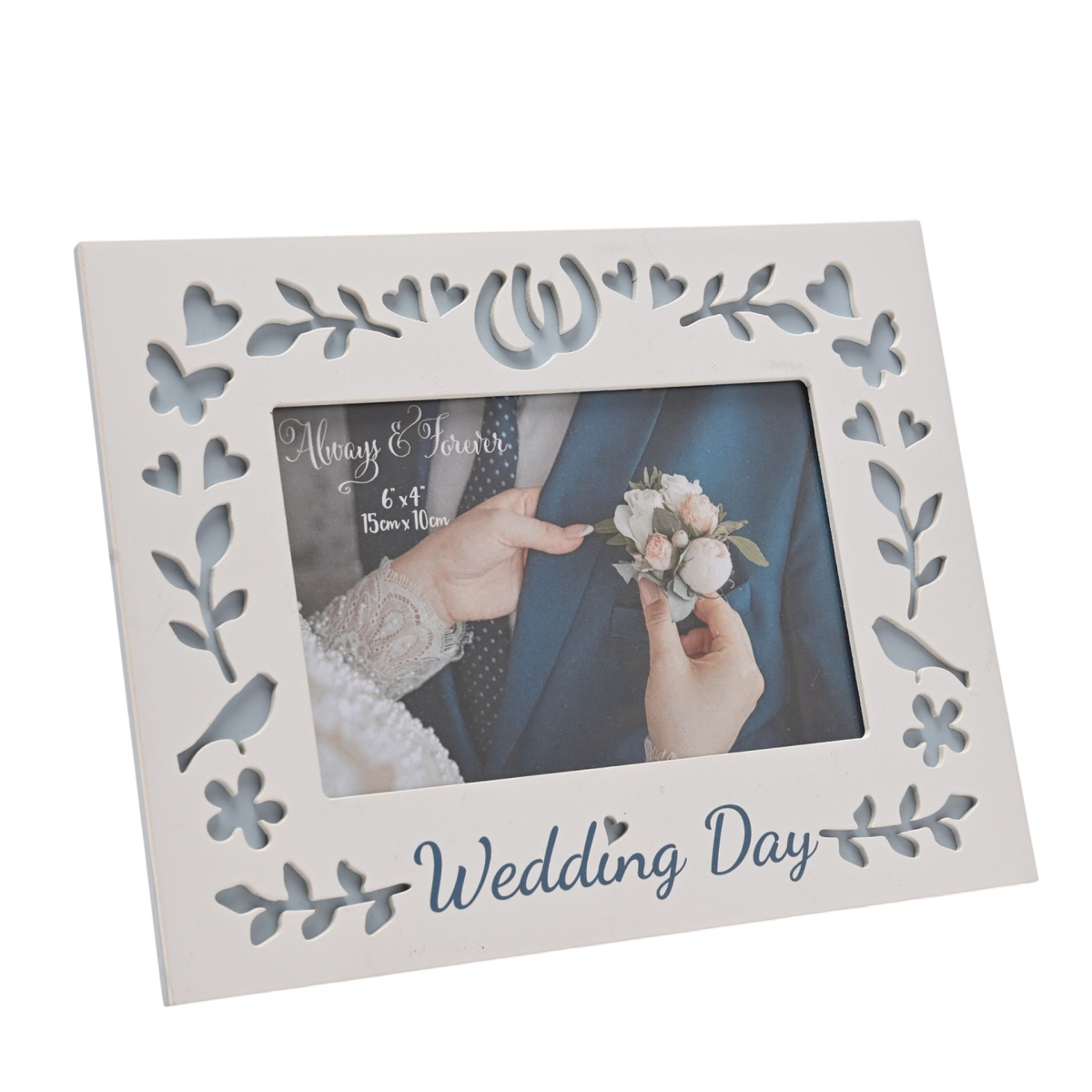 White laser-cut photo frame with floral cutouts and Wedding Day wording, 6x4