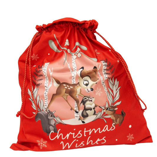 Red Disney Bambi drawstring present sack, "Christmas Wishes" and winter woodland animals