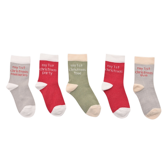 Set of 5 baby socks in grey, red, and cream with festive message cuffs