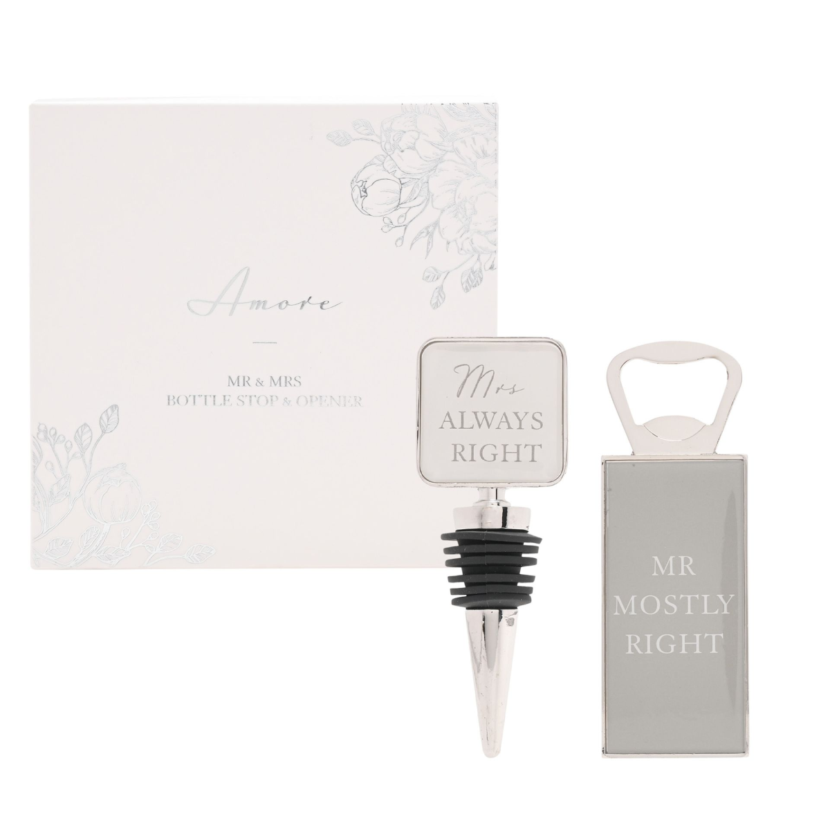 Bottle stop and opener set: 'Mrs Always Right' and 'Mr Mostly Right' stoppers