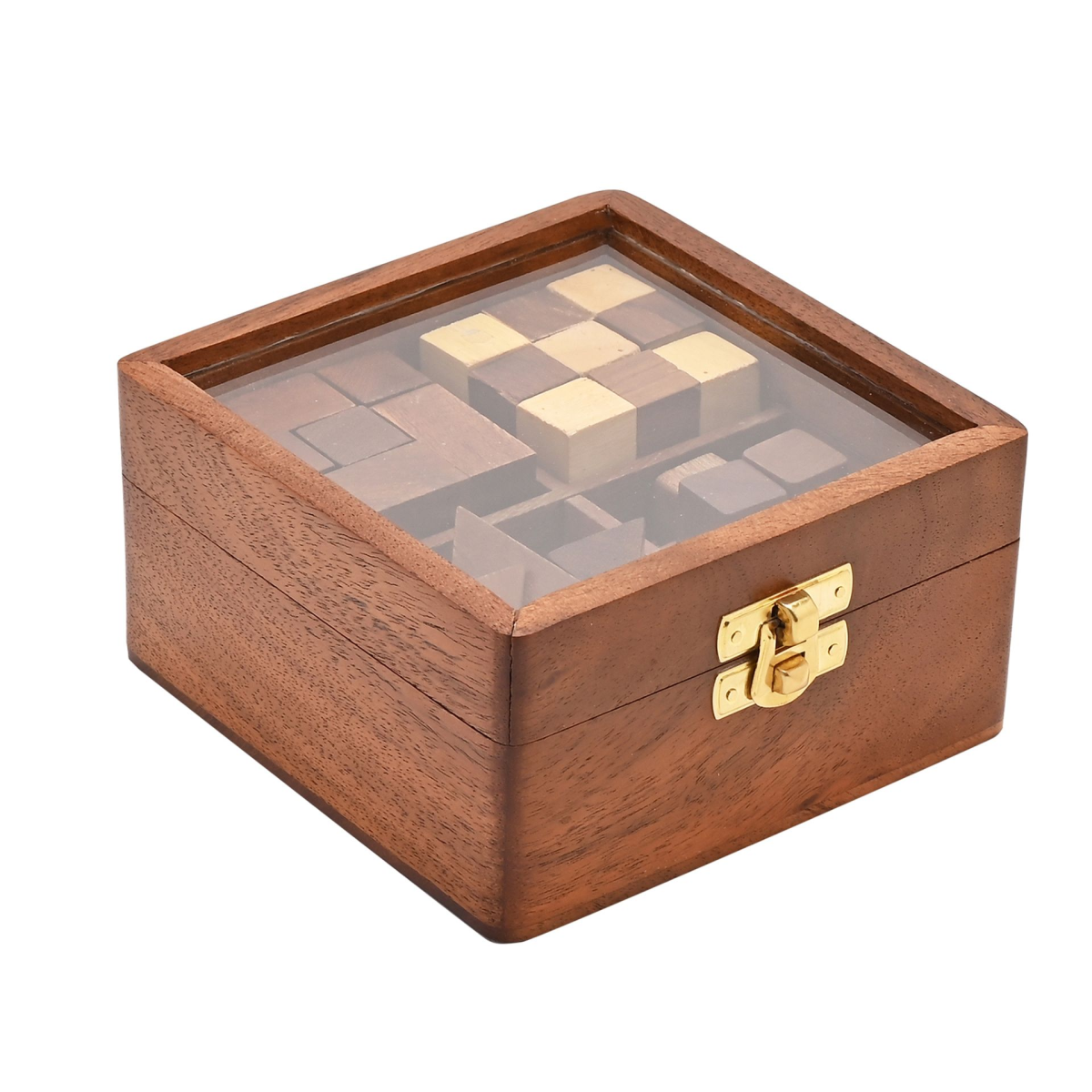 Wooden puzzle box with brass latch and checkered geometric 4-piece set