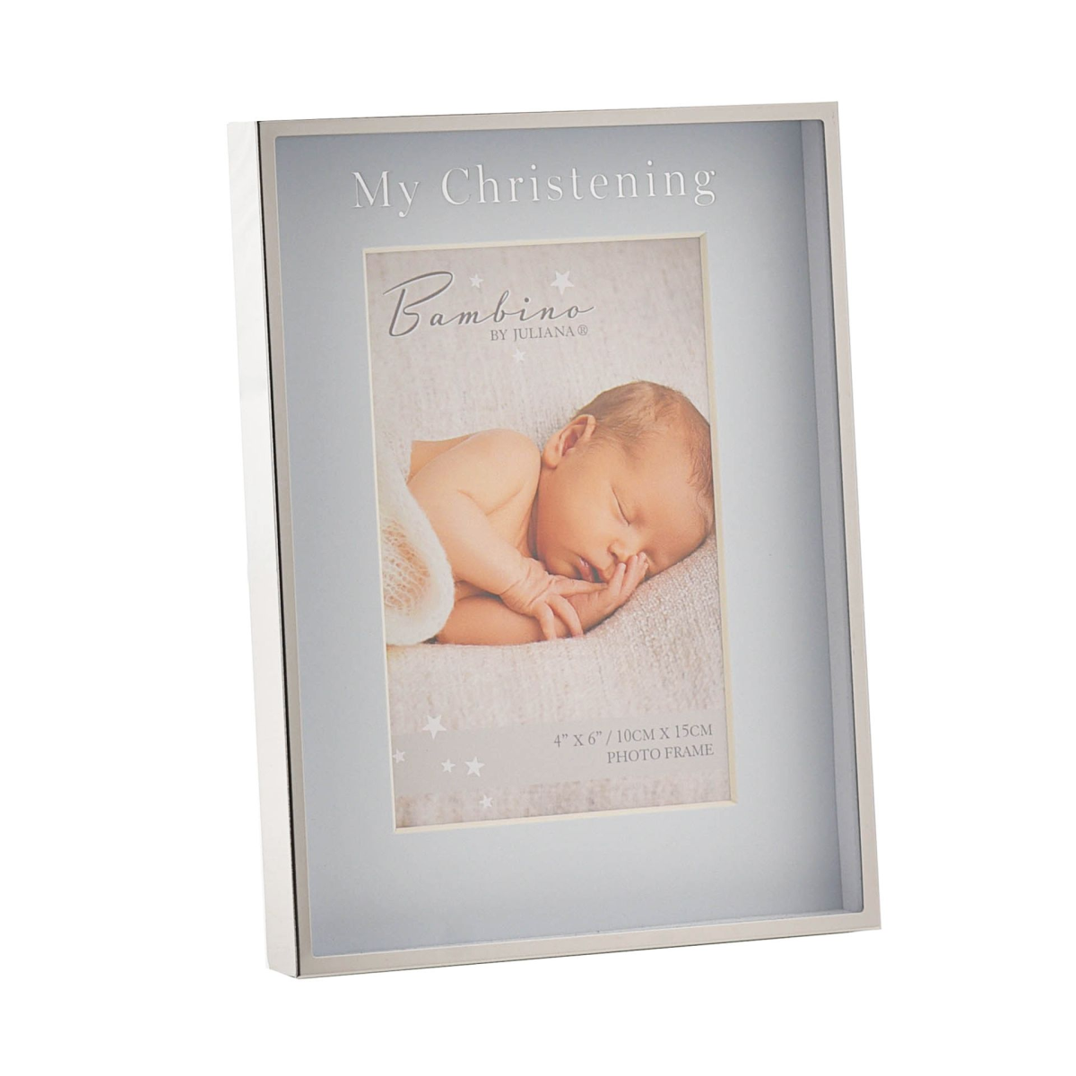 Blue christening photo frame with “My Christening” text and baby portrait