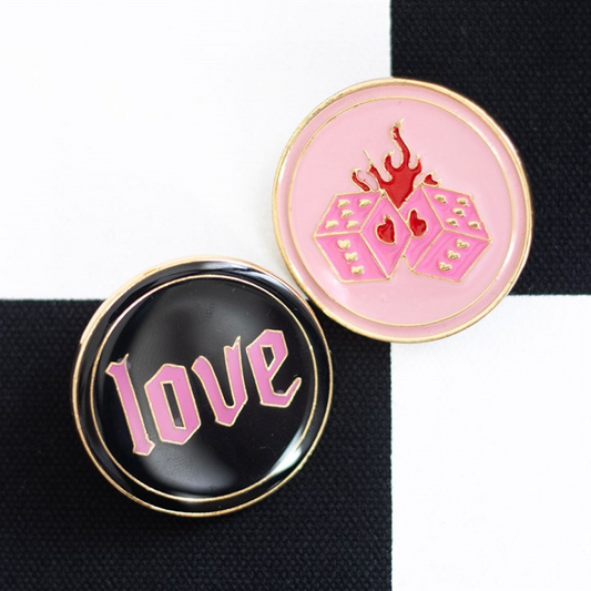 Flaming Dice and Love Pin Badge Set
