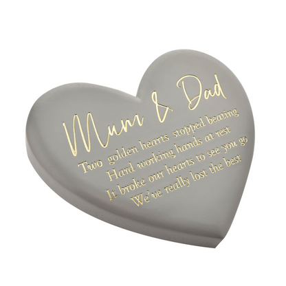 Grey heart memorial graveside plaque with Mum & Dad golden text and message