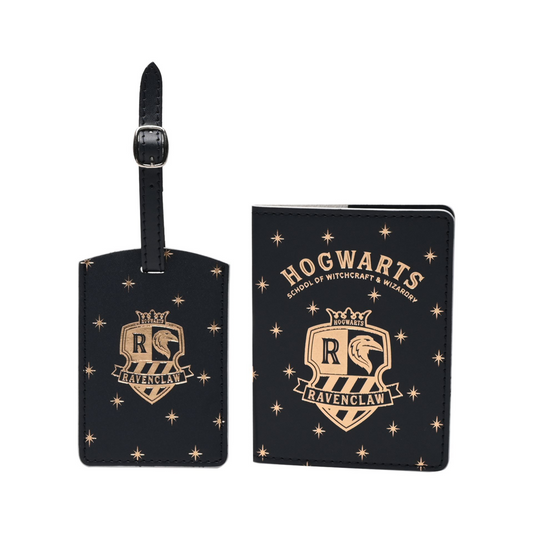 Ravenclaw passport holder with luggage tag, dark blue and gold star crest design