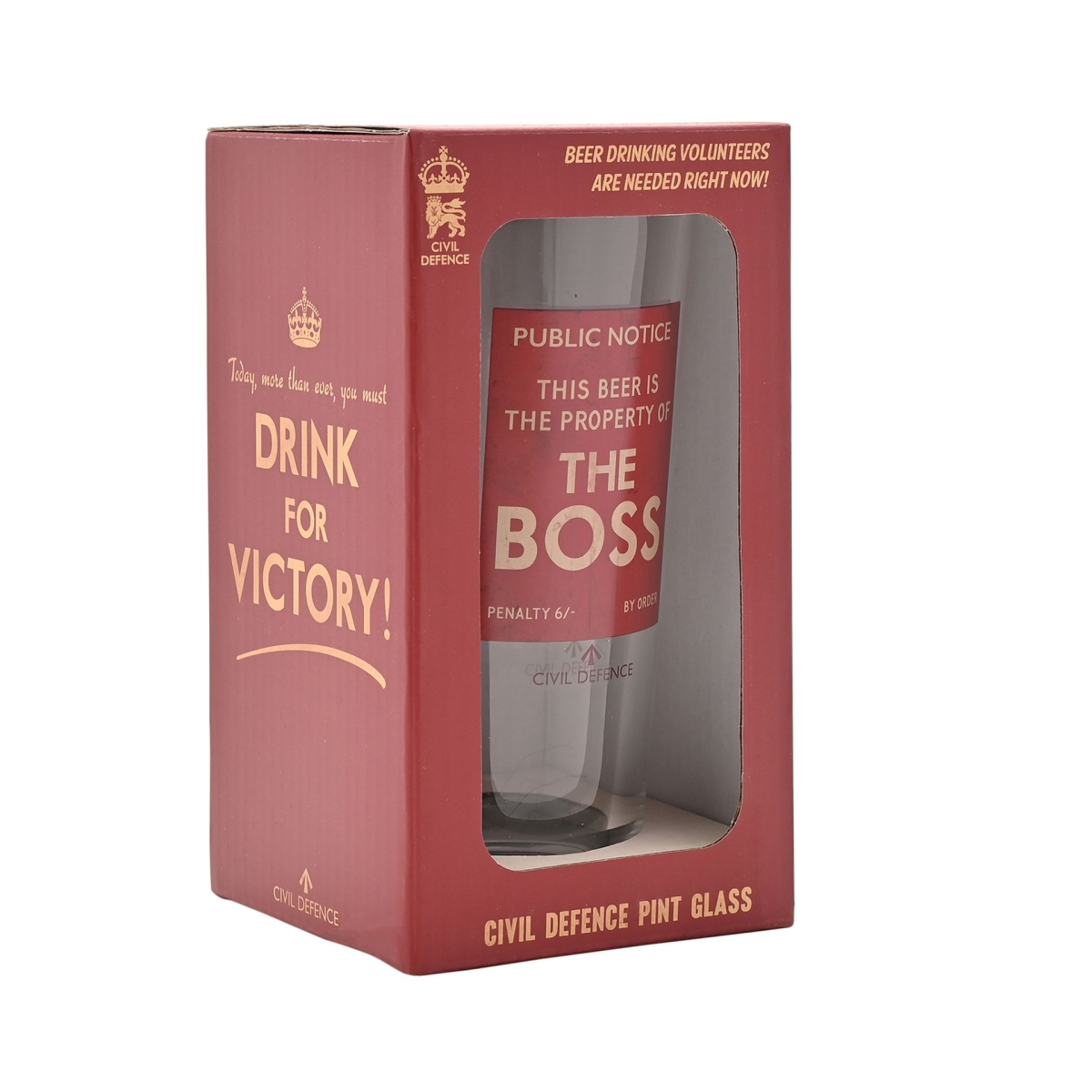 Civil Defence pint glass gift box with window showing red 'The Boss' notice label