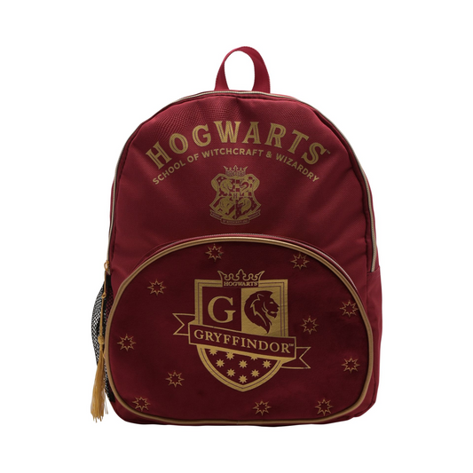 Maroon Hogwarts Gryffindor backpack with front crest and gold trim, top handle loop