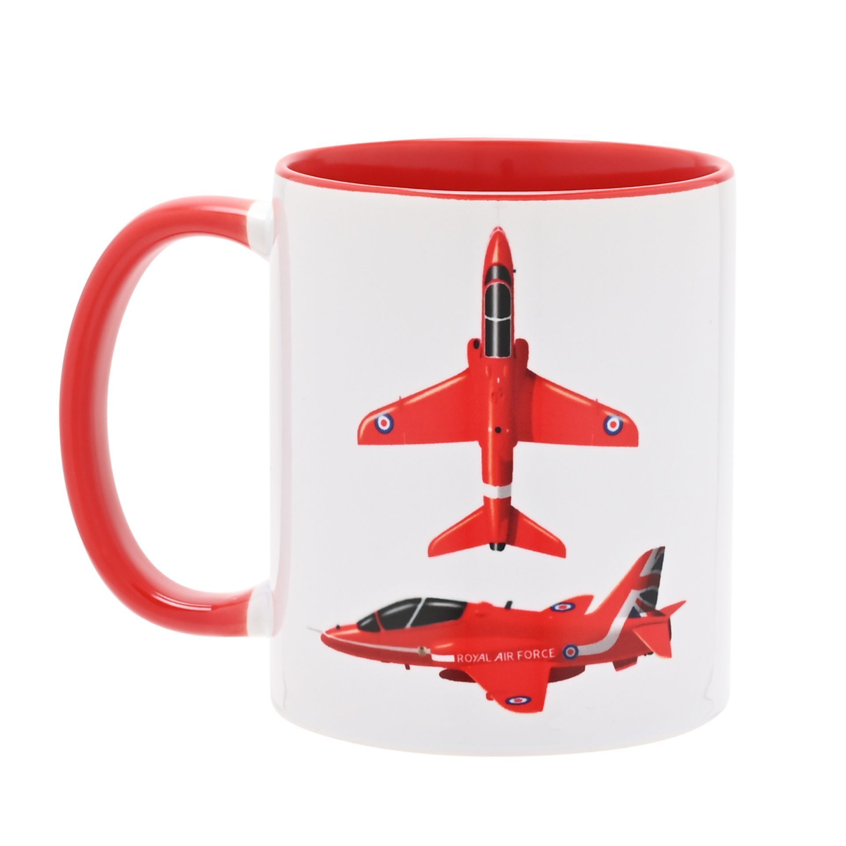 Red-handled RAF Red Arrows printed mug with white body and red aircraft graphic