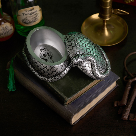 Coiled snake-scale trinket box with hinged lid open, silver interior compartment