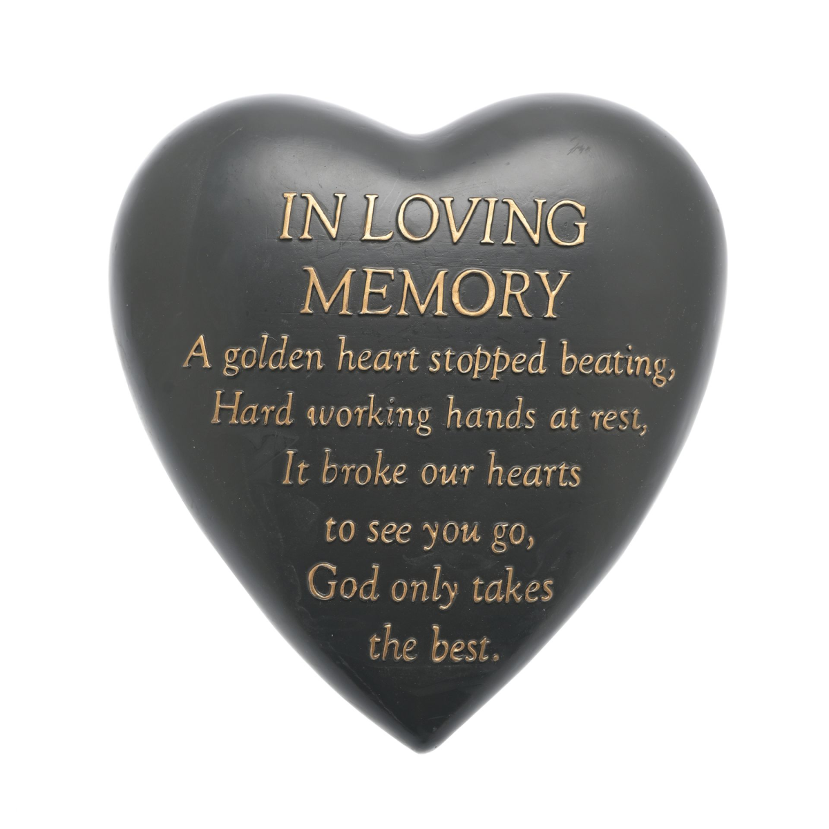 Dark heart-shaped memorial plaque with gold 'In Loving Memory' text