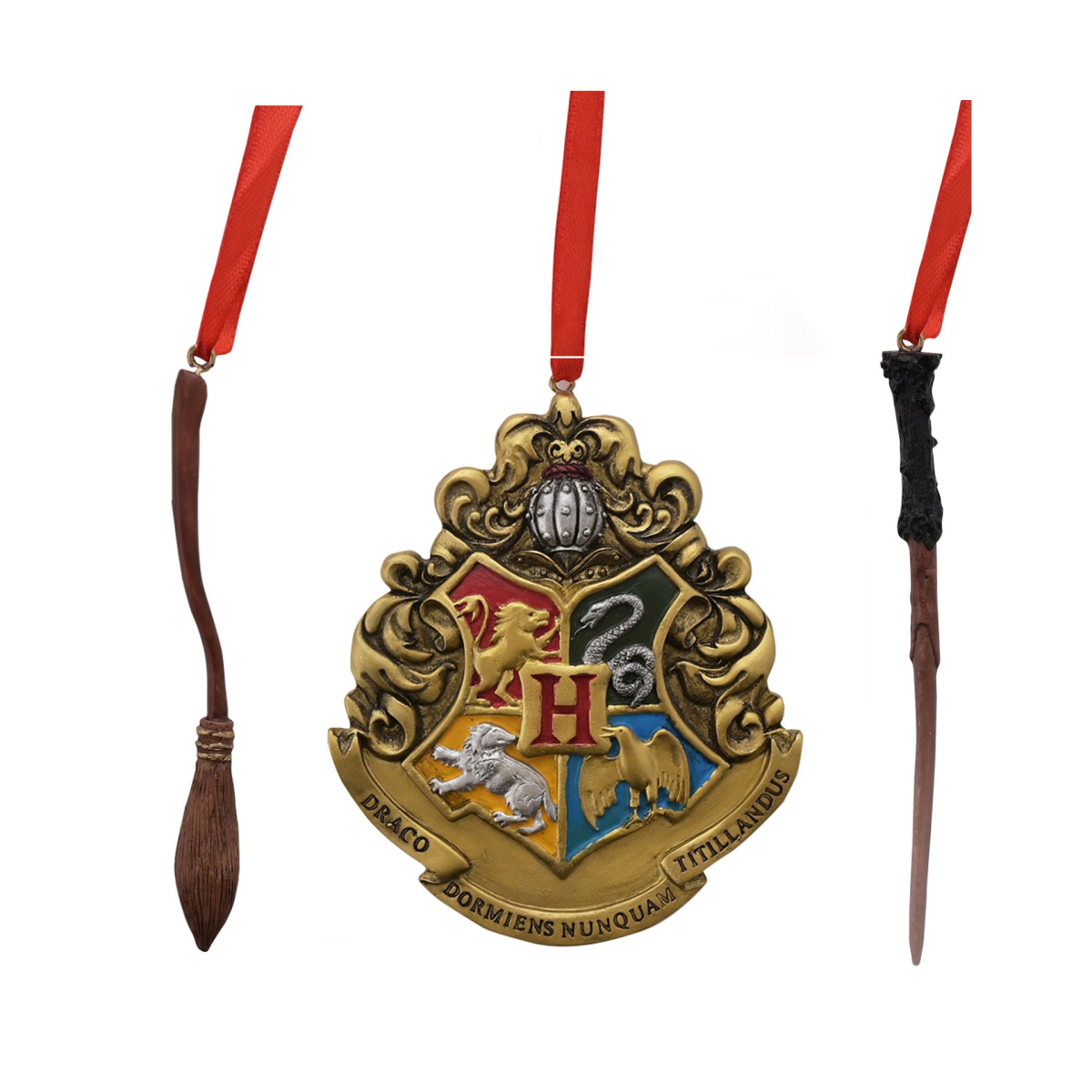 Resin Hogwarts tree decorations: crest ornament and wand & broom, red hanging ribbons